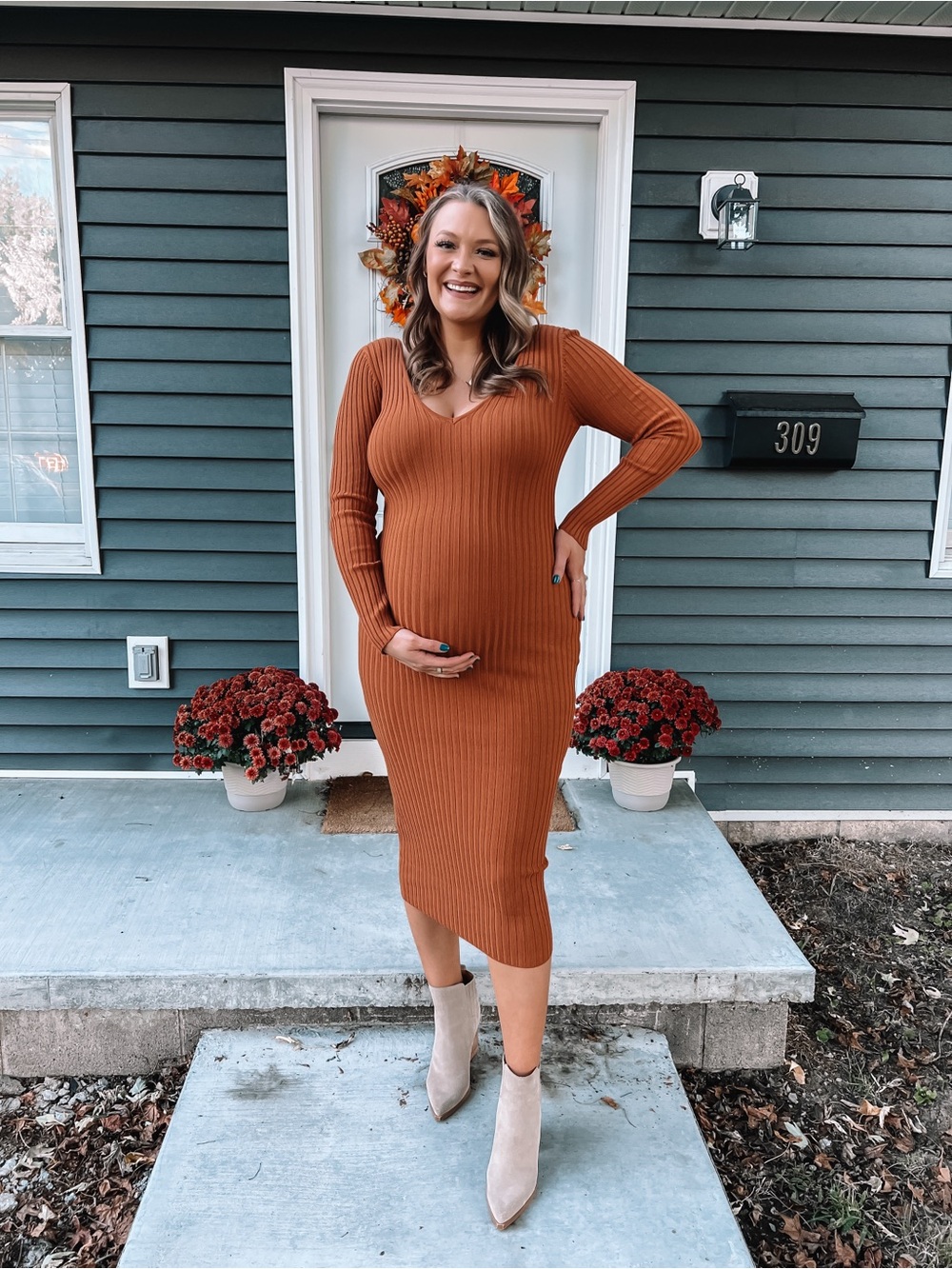 Pink Blush Rib Knit V-Neck Maternity Dress in Camel
